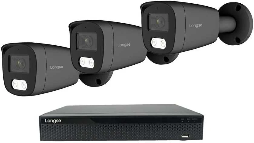 4K 8 megapikselių raiškos IP kamerų komplektas Longse - 1- 4 kameros BMSCKL8RC-DG Hybrid light, POE, žmogaus ir automobilio detekcija, tamsiai pilka, Kamerų kiekis: 3, Vaizdo ir maitinimo kabeliai: Be kabelių