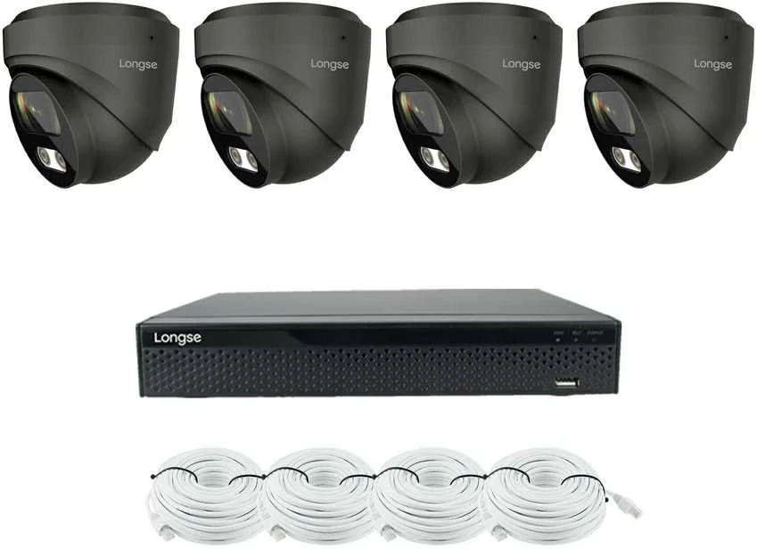 4K 8 megapikselių raiškos IP kamerų komplektas Longse - 1- 4 kameros CMSBKL8RC-DG Hybrid light, POE, žmogaus ir automobilio detekcija, tamsiai pilka, Kamerų kiekis: 4, Vaizdo ir maitinimo kabeliai: Su kabeliais