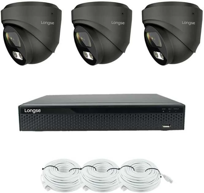 4K 8 megapikselių raiškos IP kamerų komplektas Longse - 1- 4 kameros CMSBKL8RC-DG Hybrid light, POE, žmogaus ir automobilio detekcija, tamsiai pilka, Kamerų kiekis: 3, Vaizdo ir maitinimo kabeliai: Su kabeliais
