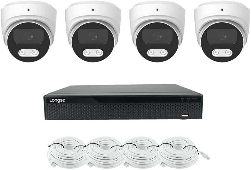 4K 8 megapikselių raiškos IP kamerų komplektas Longse - 1- 4 kameros CMSBKL8RC Hybrid light, POE, žmogaus ir automobilio detekcija, Kamerų kiekis: 4, Vaizdo ir maitinimo kabeliai: Su kabeliais