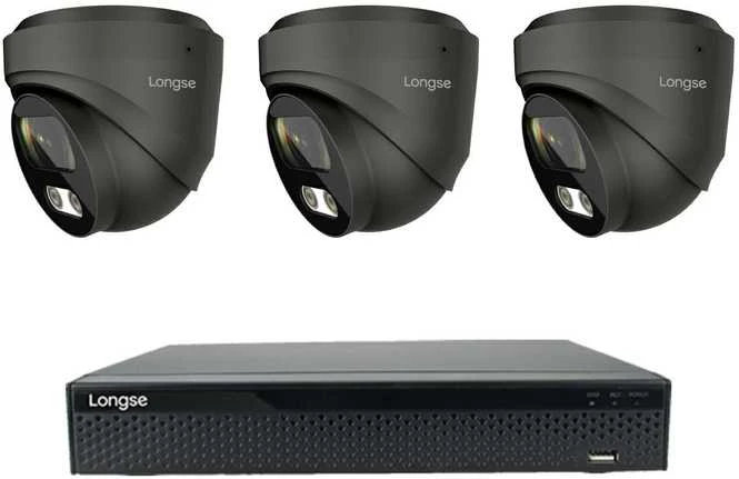 4K 8 megapikselių raiškos IP kamerų komplektas Longse - 1- 4 kameros CMSBKL8RC-DG Hybrid light, POE, žmogaus ir automobilio detekcija, tamsiai pilka, Kamerų kiekis: 3, Vaizdo ir maitinimo kabeliai: Be kabelių