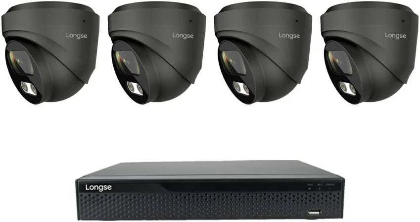 4K 8 megapikselių raiškos IP kamerų komplektas Longse - 1- 4 kameros CMSBKL8RC-DG Hybrid light, POE, žmogaus ir automobilio detekcija, tamsiai pilka, Kamerų kiekis: 4, Vaizdo ir maitinimo kabeliai: Be kabelių