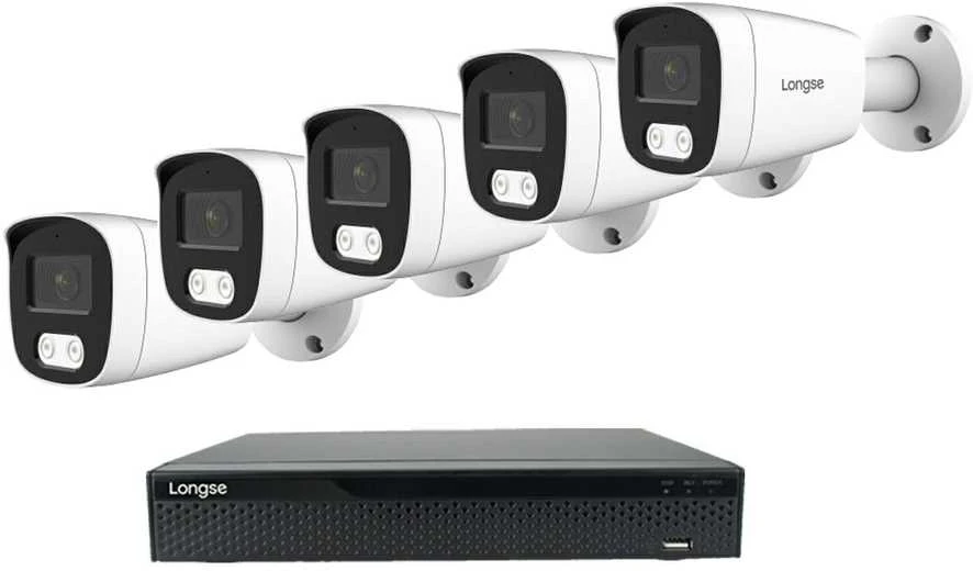 5 megapikselių raiškos IP kamerų komplektas Longse - 5- 8 kameros BMSCKL5RC, Hybrid Light, žmogaus ir automobilio detekcija, Kamerų kiekis: 5, Vaizdo ir maitinimo kabeliai: Be kabelių