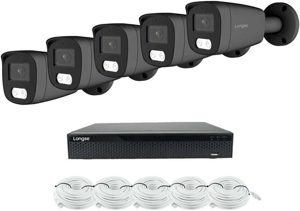 5 megapikselių raiškos IP kamerų komplektas Longse - 5- 8 kameros BMSCKL5RC-DG, Hybrid light, tamsiai pilka, žmogaus ir automobilio detekcija, Kamerų kiekis: 5, Vaizdo ir maitinimo kabeliai: Su kabeliais