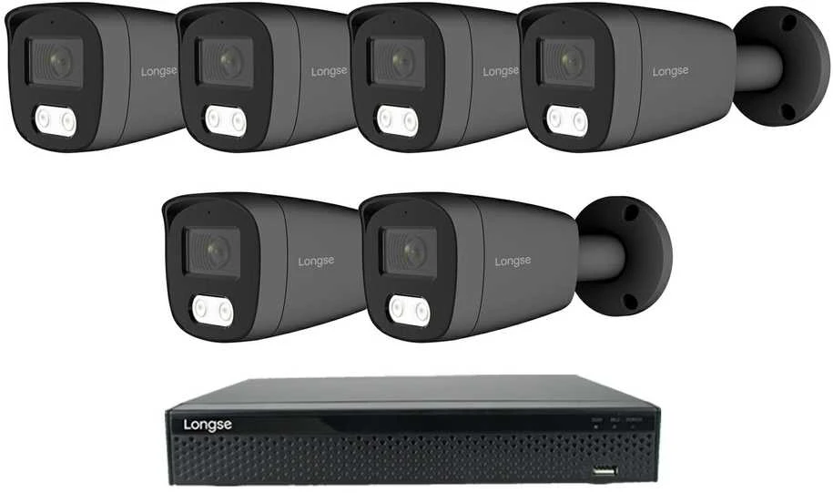 5 megapikselių raiškos IP kamerų komplektas Longse - 5- 8 kameros BMSCKL5RC-DG, Hybrid light, tamsiai pilka, žmogaus ir automobilio detekcija, Kamerų kiekis: 6, Vaizdo ir maitinimo kabeliai: Be kabelių