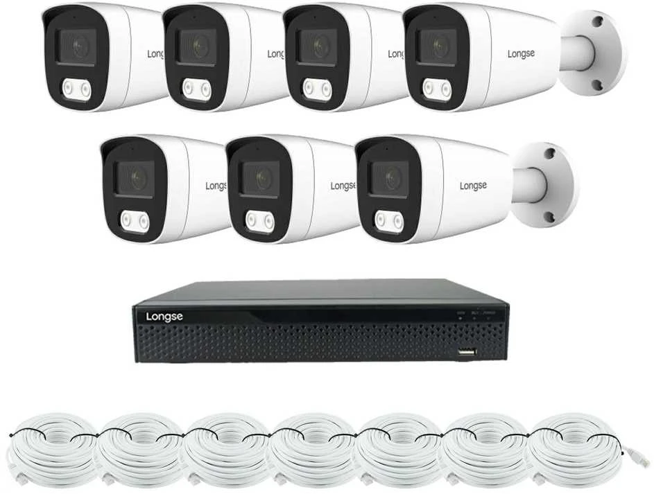 5 megapikselių raiškos IP kamerų komplektas Longse - 5- 8 kameros BMSCKL5RC, Hybrid Light, žmogaus ir automobilio detekcija, Kamerų kiekis: 7, Vaizdo ir maitinimo kabeliai: Su kabeliais