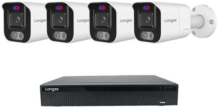 5MP raiškos IP kamerų komplektas Longse - 1- 4 kameros BMSEKL5AD-28PMSTFA12, Sony Starvis, POE, žmogaus ir automobilio detekcija, garsiakalbis, mikrofonas, švyturėliai, Kamerų kiekis: 4, Vaizdo ir maitinimo kabeliai: Be kabelių