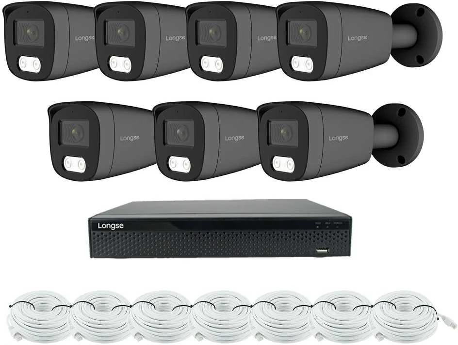 8 megapikselių raiškos IP kamerų komplektas Longse - 5- 8 kameros BMSCKL8RC-DG Hybrid light, tamsiai pilka, žmogaus ir automobilio detekcija, Kamerų kiekis: 7, Vaizdo ir maitinimo kabeliai: Su kabeliais