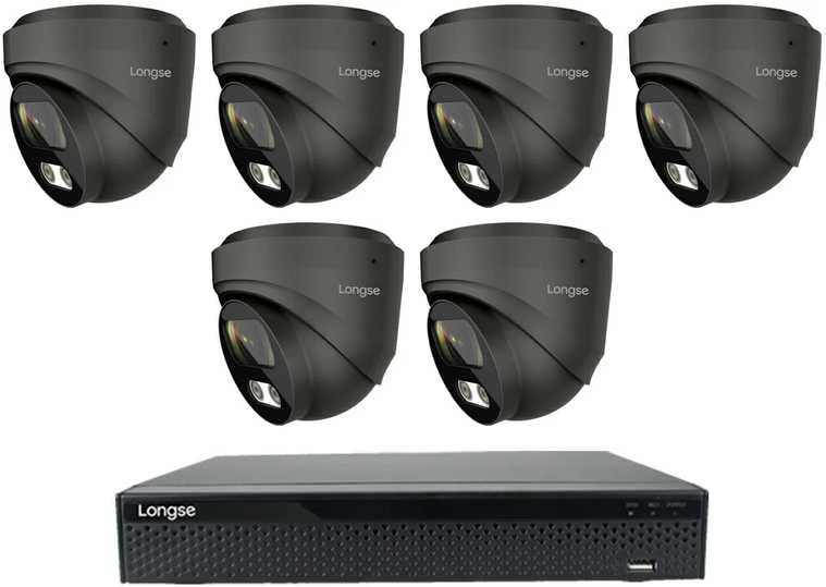 8 megapikselių raiškos IP kamerų komplektas Longse - 5- 8 kameros CMSBKL8RC-DG Hybrid light, tamsiai pilka, žmogaus ir automobilio detekcija, Kamerų kiekis: 6, Vaizdo ir maitinimo kabeliai: Be kabelių