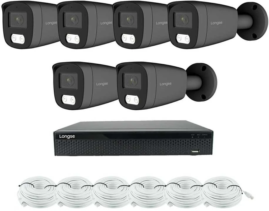 8 megapikselių raiškos IP kamerų komplektas Longse - 5- 8 kameros BMSCKL8RC-DG Hybrid light, tamsiai pilka, žmogaus ir automobilio detekcija, Kamerų kiekis: 6, Vaizdo ir maitinimo kabeliai: Su kabeliais