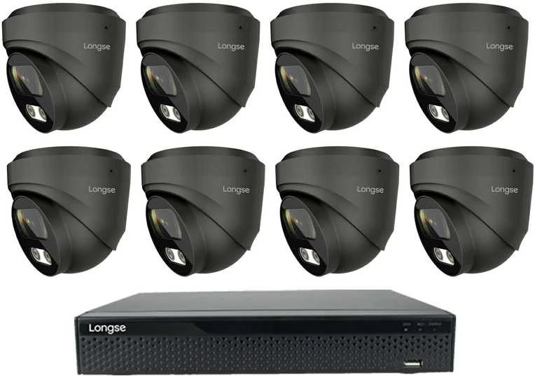 8 megapikselių raiškos IP kamerų komplektas Longse - 5- 8 kameros CMSBKL8RC-DG Hybrid light, tamsiai pilka, žmogaus ir automobilio detekcija, Kamerų kiekis: 8, Vaizdo ir maitinimo kabeliai: Be kabelių