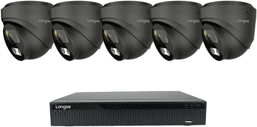 8 megapikselių raiškos IP kamerų komplektas Longse - 5- 8 kameros CMSBKL8RC-DG Hybrid light, tamsiai pilka, žmogaus ir automobilio detekcija, Kamerų kiekis: 5, Vaizdo ir maitinimo kabeliai: Be kabelių