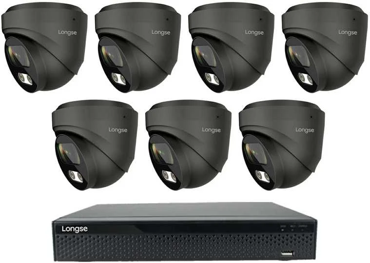 8 megapikselių raiškos IP kamerų komplektas Longse - 5- 8 kameros CMSBKL8RC-DG Hybrid light, tamsiai pilka, žmogaus ir automobilio detekcija, Kamerų kiekis: 7, Vaizdo ir maitinimo kabeliai: Be kabelių