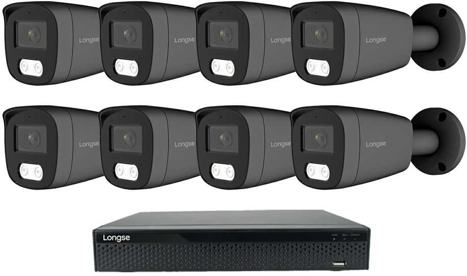 8 megapikselių raiškos IP kamerų komplektas Longse - 5- 8 kameros BMSCKL8RC-DG Hybrid light, tamsiai pilka, žmogaus ir automobilio detekcija, Kamerų kiekis: 8, Vaizdo ir maitinimo kabeliai: Be kabelių