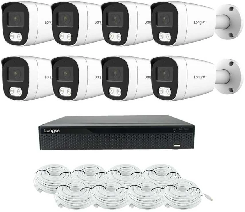8 megapikselių raiškos IP kamerų komplektas Longse - 5- 8 kameros BMSCKL8RC Hybrid light, žmogaus ir automobilio detekcija, Kamerų kiekis: 8, Vaizdo ir maitinimo kabeliai: Su kabeliais
