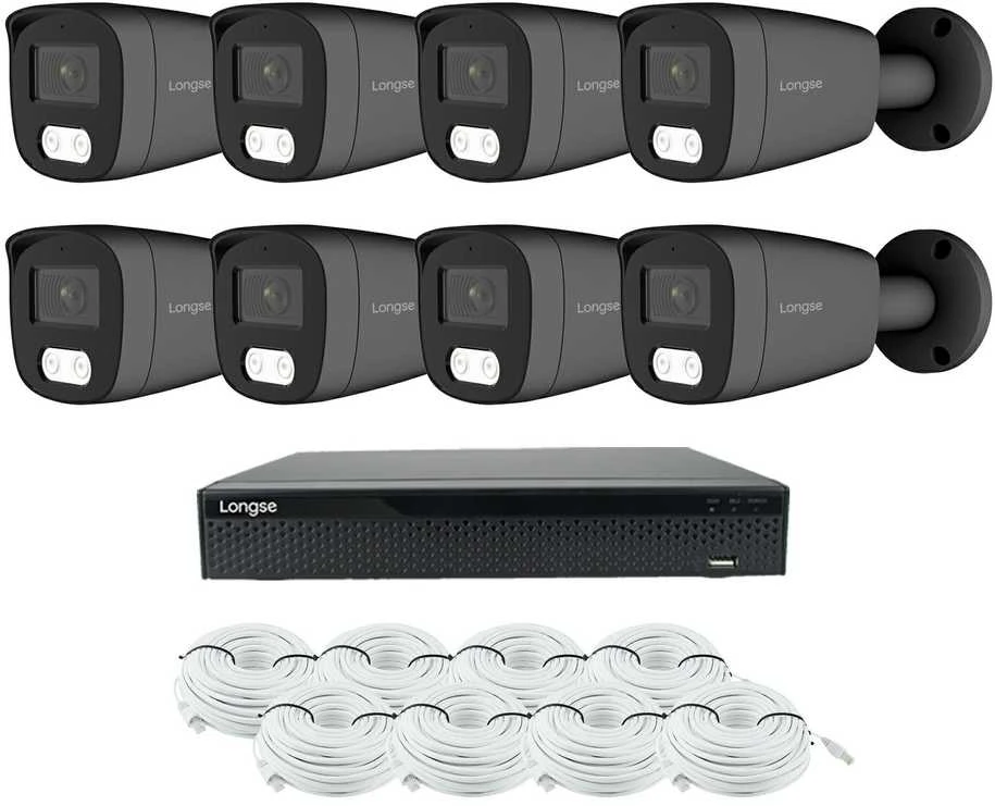 8 megapikselių raiškos IP kamerų komplektas Longse - 5- 8 kameros BMSCKL8RC-DG Hybrid light, tamsiai pilka, žmogaus ir automobilio detekcija, Kamerų kiekis: 8, Vaizdo ir maitinimo kabeliai: Su kabeliais