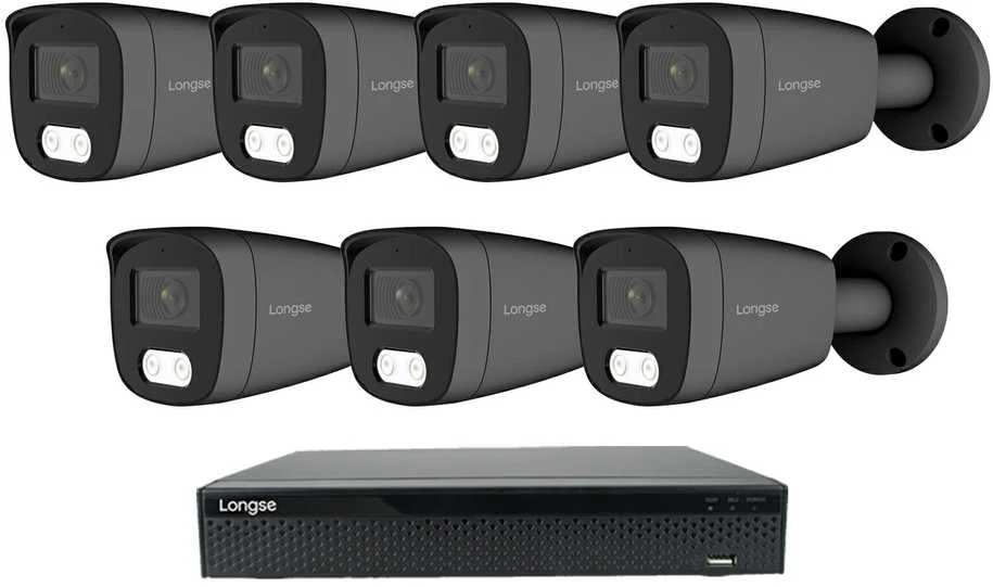 8 megapikselių raiškos IP kamerų komplektas Longse - 5- 8 kameros BMSCKL8RC-DG Hybrid light, tamsiai pilka, žmogaus ir automobilio detekcija, Kamerų kiekis: 7, Vaizdo ir maitinimo kabeliai: Be kabelių