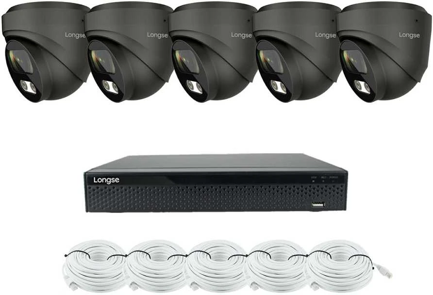 8 megapikselių raiškos IP kamerų komplektas Longse - 5- 8 kameros CMSBKL8RC-DG Hybrid light, tamsiai pilka, žmogaus ir automobilio detekcija, Kamerų kiekis: 5, Vaizdo ir maitinimo kabeliai: Su kabeliais