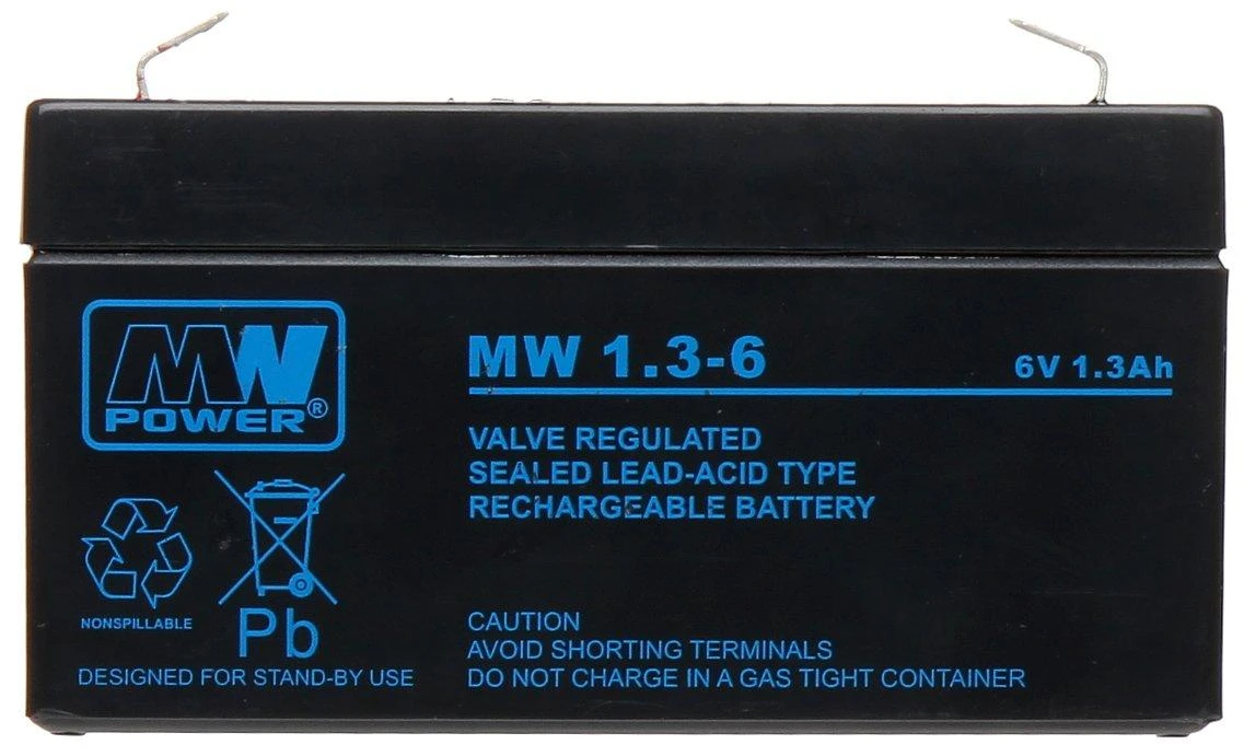 MW Power 6V 1.3Ah AGM akumuliatorius, priekinis vaizdas