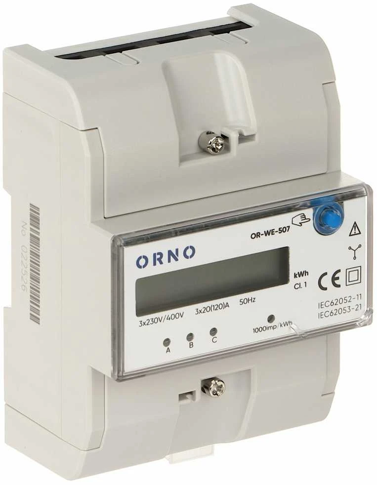 ORNO 3 FAZIŲ ELEKTROS RODIKLIS, 120A, 5 MODULIAI, DIN TH-35MM, PAPILDOMAS MYGTUKAS