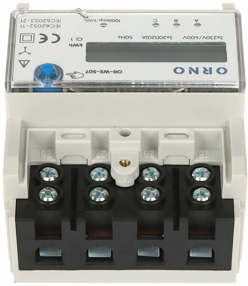 ORNO 3 FAZIŲ ELEKTROS RODIKLIS, 120A, 5 MODULIAI, DIN TH-35MM, PAPILDOMAS MYGTUKAS