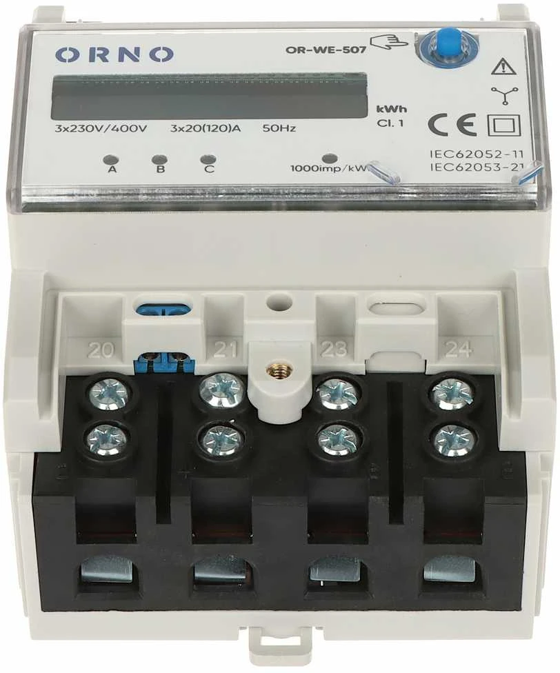 ORNO 3 FAZIŲ ELEKTROS RODIKLIS, 120A, 5 MODULIAI, DIN TH-35MM, PAPILDOMAS MYGTUKAS