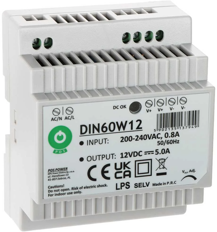 Mpl Power Oem Maitinimo šaltinis DIN60W12 montuojamas ant DIN bėgio 12V 5A 60W