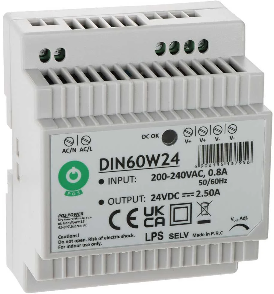 Mpl Power Elektro Oem Maitinimo šaltinis DIN60W24 montuojamas ant DIN bėgio 24V 2.5A 60W