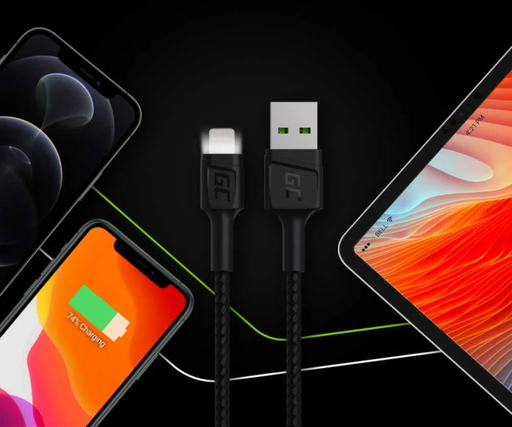 Žalias Cell Cable Žalias Cell Ray USB-A - Lightning Baltas LED 200cm su Apple 2.4A greito įkrovimo palaikymu