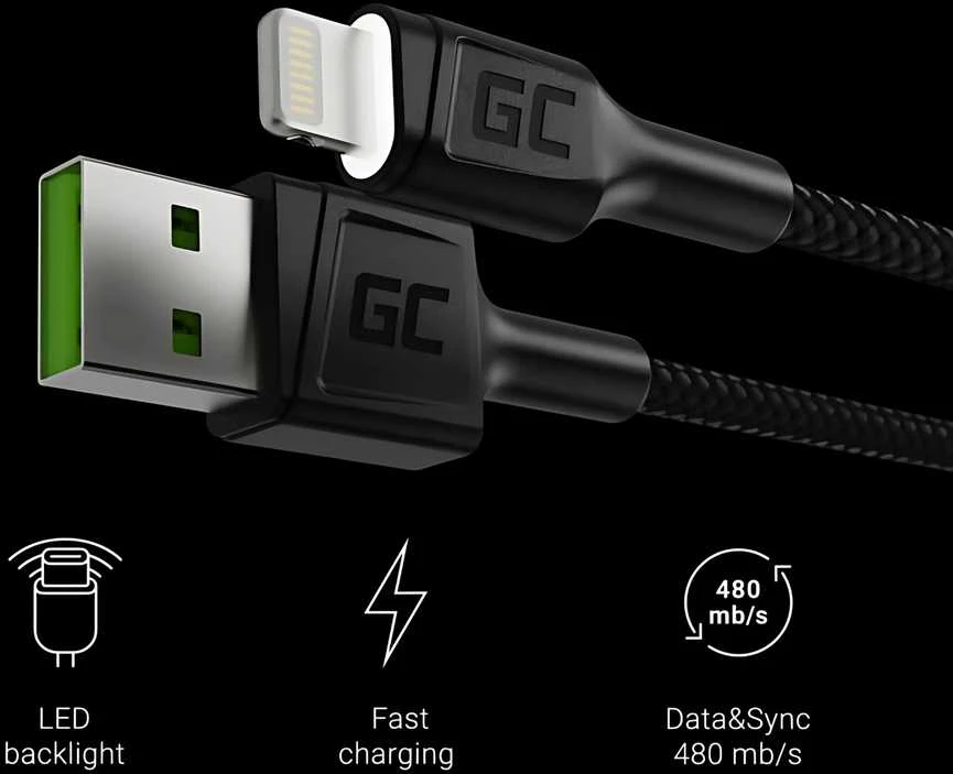 Žalias Cell Cable Žalias Cell Ray USB-A - Lightning Baltas LED 200cm su Apple 2.4A greito įkrovimo palaikymu