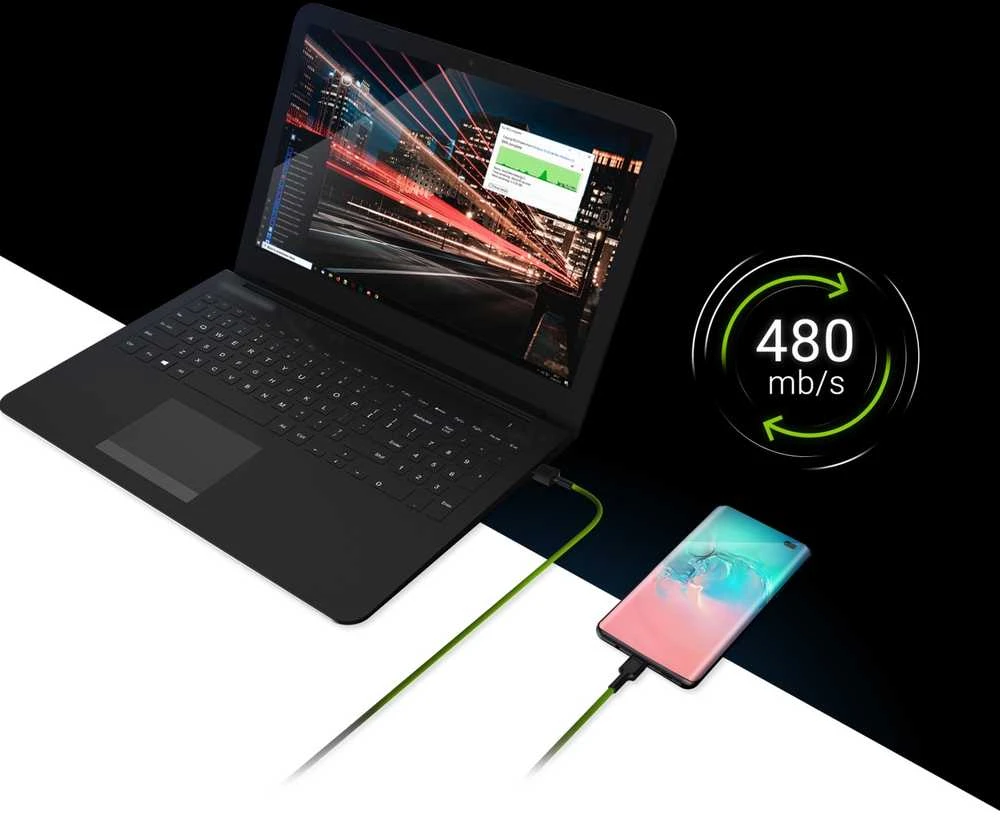 Green Cell Žalias Cell Cable Žalias Cell Ray USB-A - USB-C Žalias LED 200cm su Ultra Charge QC3.0 greito įkrovimo palaikymu