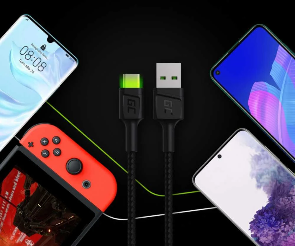 Green Cell Žalias Cell Cable Žalias Cell Ray USB-A - USB-C Žalias LED 200cm su Ultra Charge QC3.0 greito įkrovimo palaikymu