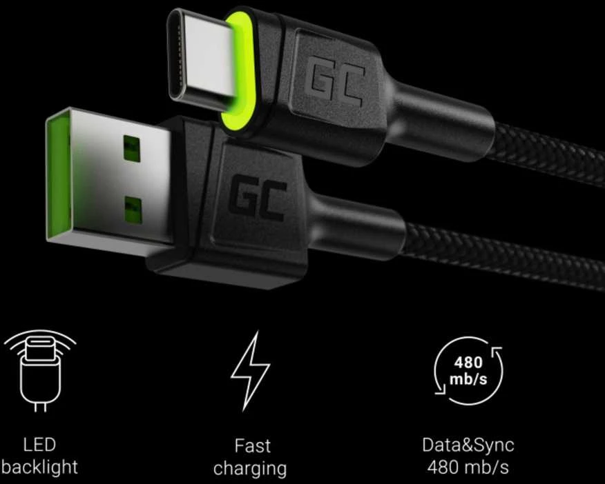 Green Cell Žalias Cell Cable Žalias Cell Ray USB-A - USB-C Žalias LED 200cm su Ultra Charge QC3.0 greito įkrovimo palaikymu