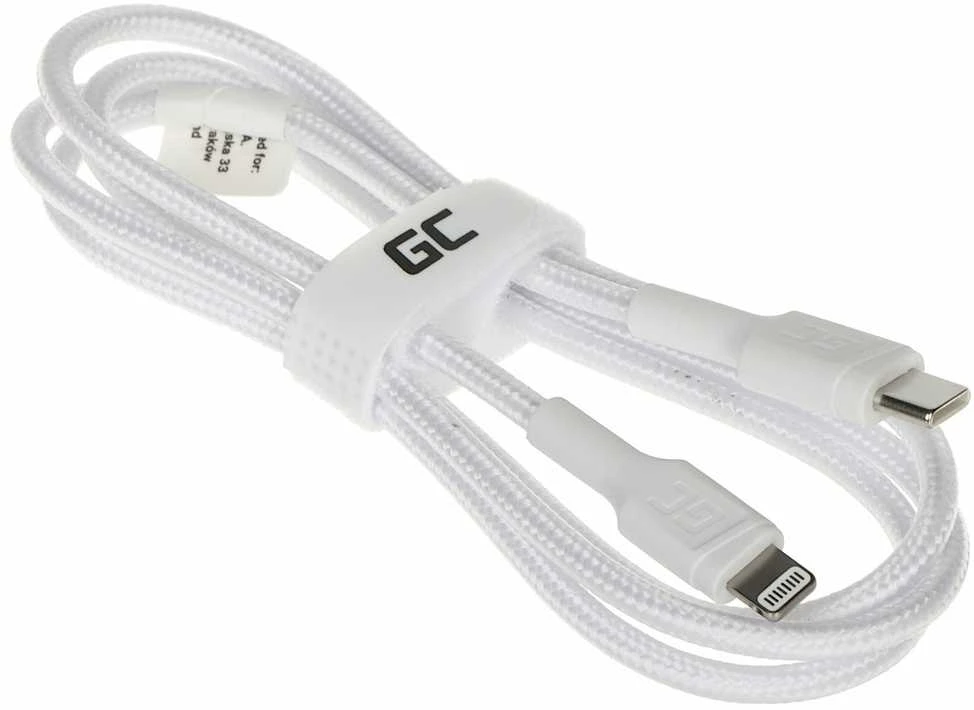 Green Cell Žalias Cell Kabelis Baltas USB-C – Lightning MFi 1m per Apple iPhone Žalias Cell PowerStream, su greitu Power Delivery įkrovimu