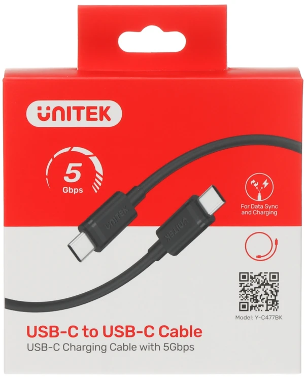 UNITEK Y-C477BK01-2M USB laidas USB 3.2 Gen 1 (3.1 Gen 1) USB C 5 Gbit/s 60 W Juodas