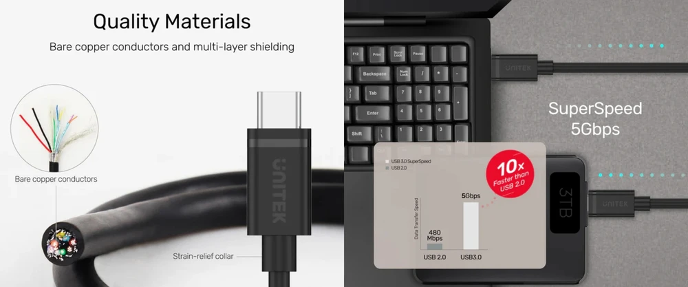 „Unitek“ USB C tipo į USB C tipo laidas, 3 m