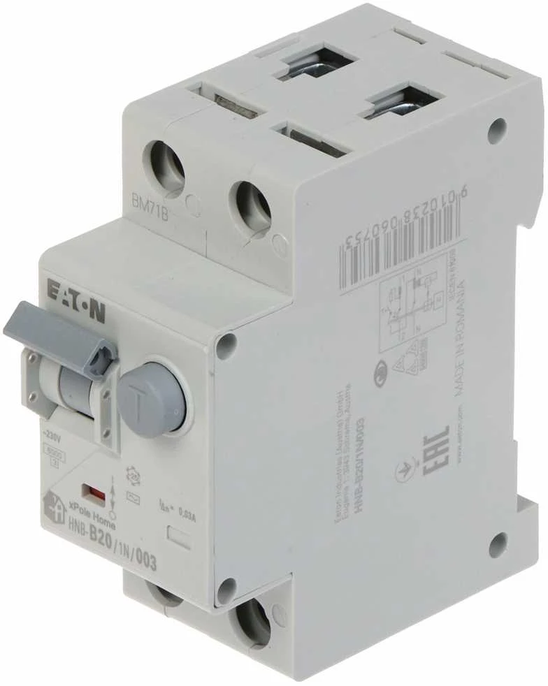 LIKUTINĖS SROVĖS GRANDINĖS PERTRAUKIKLIS HNB-B20/1N/003 VIENFAZIS, AC TIPAS 30 mA 20 A EATON