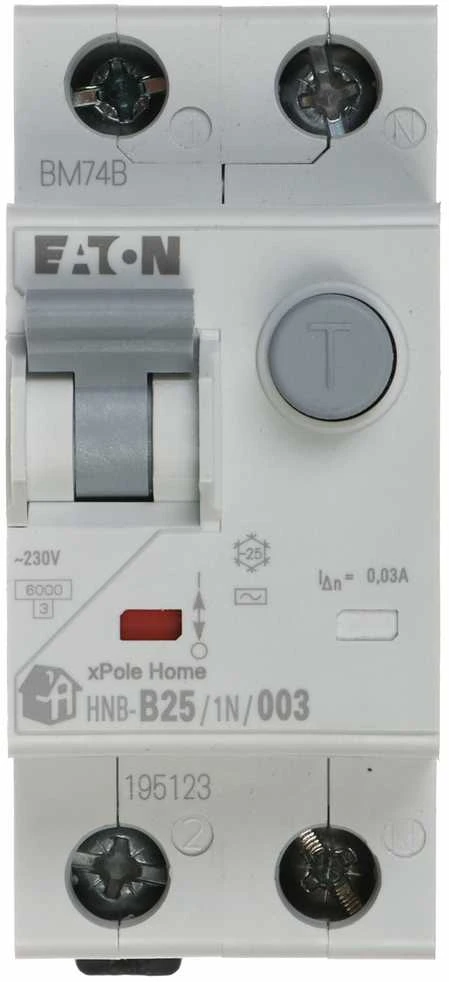 LIKUTINĖS SROVĖS GRANDINĖS PERTRAUKIKLIS HNB-B25/1N/003 VIENFAZIS, AC TIPAS 30 mA 25 A EATON