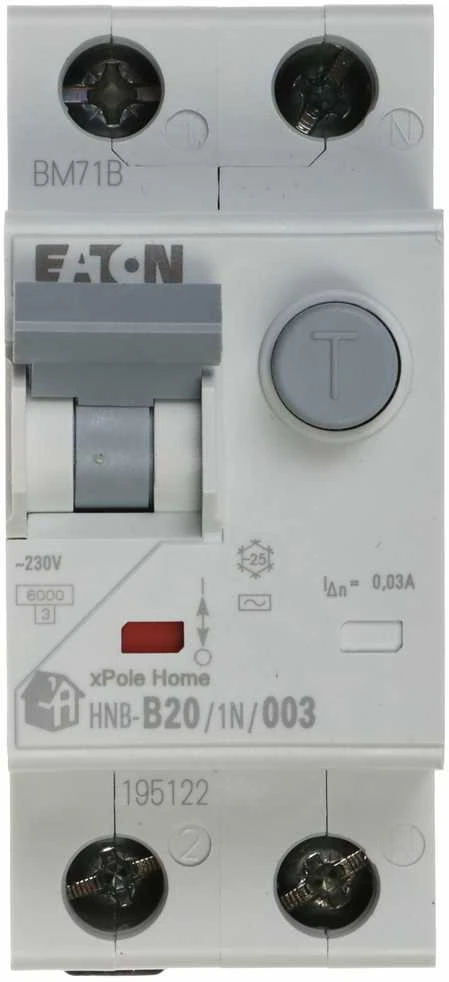 LIKUTINĖS SROVĖS GRANDINĖS PERTRAUKIKLIS HNB-B20/1N/003 VIENFAZIS, AC TIPAS 30 mA 20 A EATON