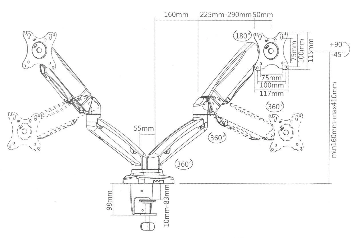 ART stalo laikiklis ant dujinių spyruoklių 2 monitoriams LED/LCD 13-27'' L-16GD
