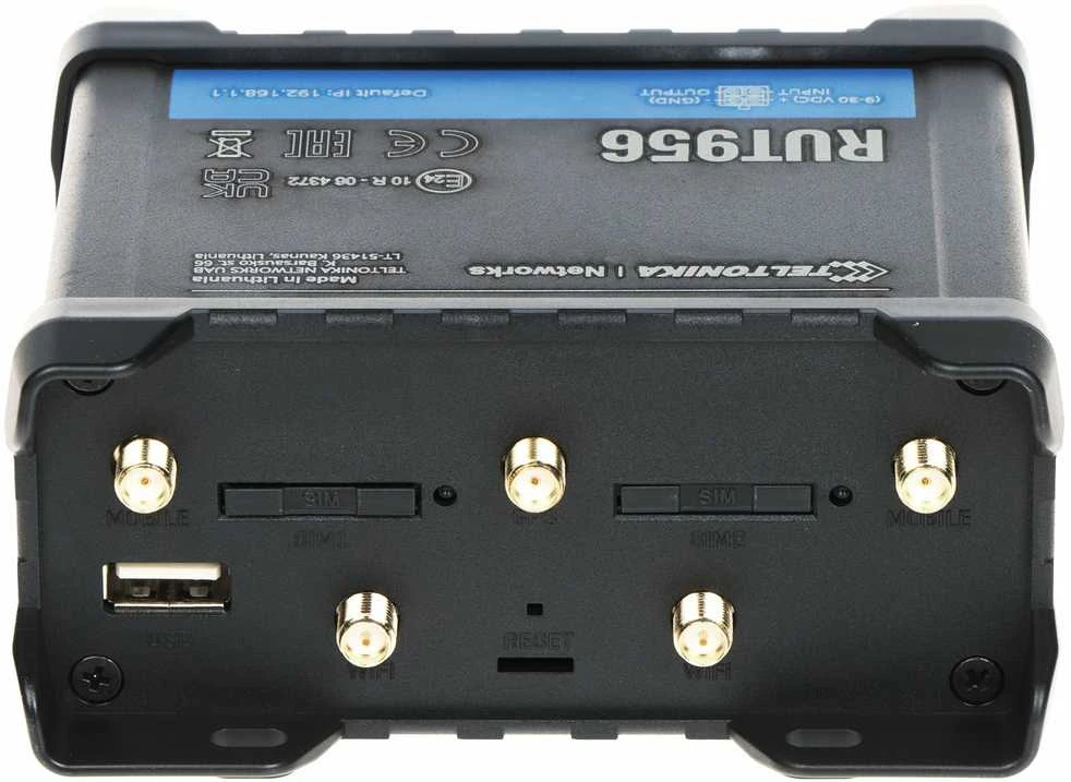 Šakotuvas Teltonika | Pramoninis maršrutizatorius | RUT956 | 802.11n | 10/100 Mbit/s | Ethernet LAN (RJ-45) jungtys 4 | Palaikomas tinklelis: ne | MU-MiMO: ne | 2G/3G/4G | Antenos tipas: 2 x SMA, skirtas LTE, 2 x RP-SMA, skirtas WiFi, 1 x SMA, skirtas GNSS | 1 x USB 2.0