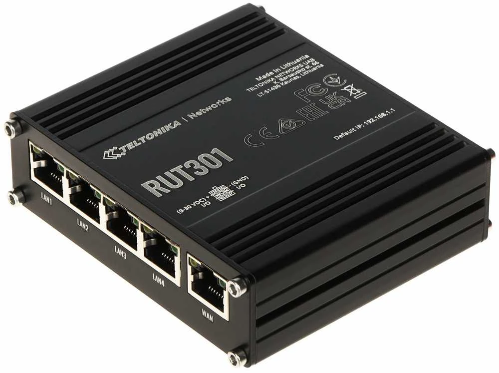 Teltonika | Ethernet Maršrutizatorius | RUT301 | No Wi-Fi | 10/100 Mbit/s | Ethernet LAN (RJ-45) jungtys 5 | Mesh Support No | MU-MiMO No | No mobile broadband