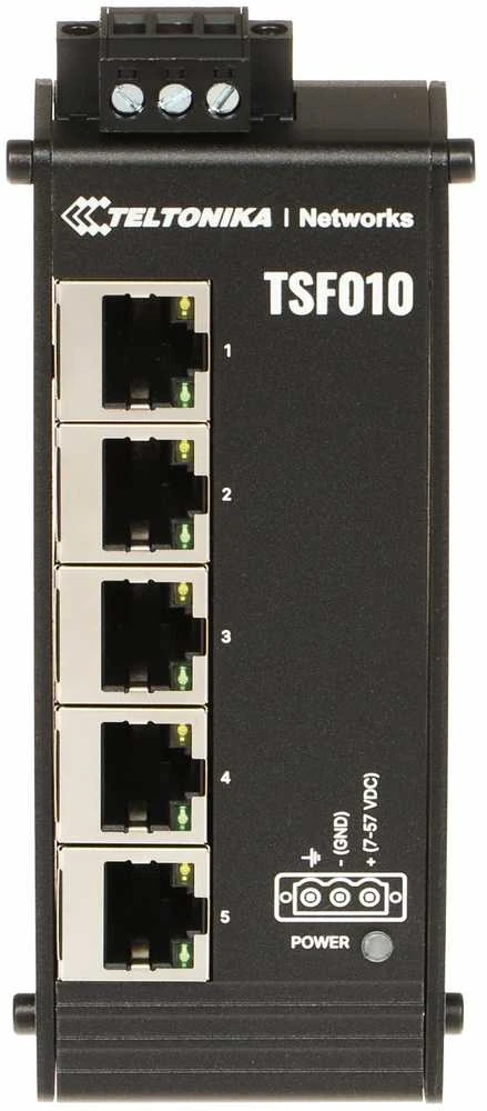 Šakotuvas Teltonika | Pramoninis komutatorius | TSF010 | Nevaldomas | Montuojamas ant DIN bėgelio | 10/100 Mbps (RJ-45) jungtys kiekis: 5 | Maitinimo šaltinio tipas: 3 kontaktų pramoninis nuolatinės srovės maitinimo lizdas