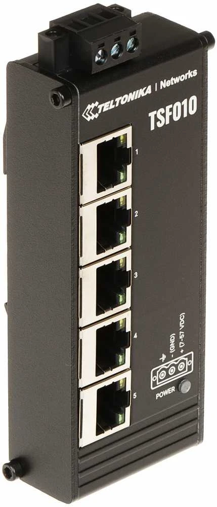 Šakotuvas Teltonika | Pramoninis komutatorius | TSF010 | Nevaldomas | Montuojamas ant DIN bėgelio | 10/100 Mbps (RJ-45) jungtys kiekis: 5 | Maitinimo šaltinio tipas: 3 kontaktų pramoninis nuolatinės srovės maitinimo lizdas