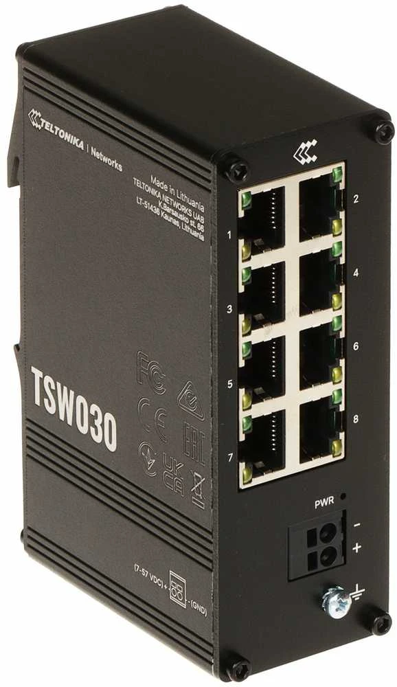 Šakotuvas Teltonika | Komutatorius | TSW030 | Nevaldomas | Montuojamas ant DIN bėgelio | 10/100 Mbps (RJ-45) jungčių kiekis: 8 | Maitinimo šaltinio tipas: 2 kontaktų pramoninis nuolatinės srovės maitinimo lizdas