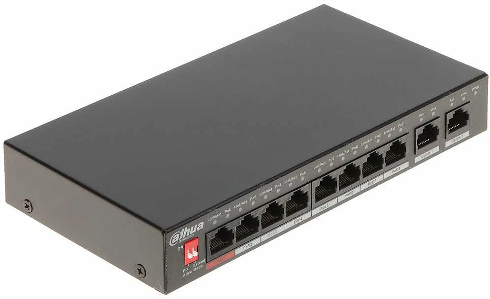 Dahua PoE šakotuvas 8*100Mbps PoE portai ir 2 Uplink 1000Mbps, Total-96W, BT 90W