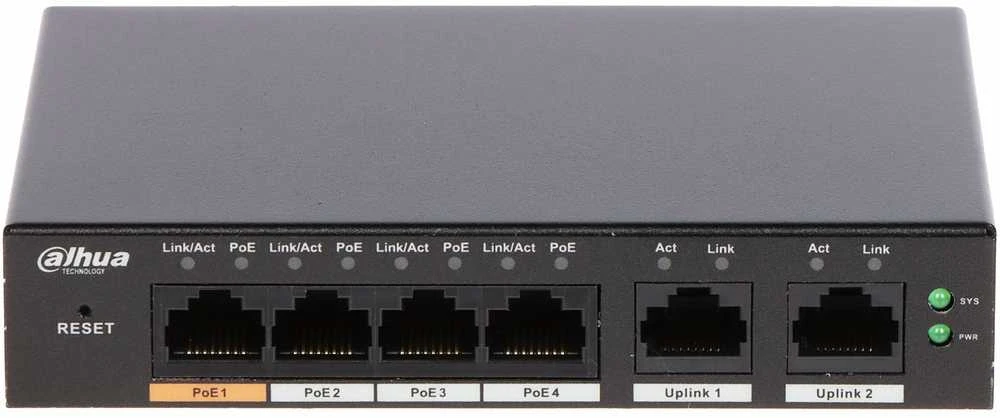 Dahua PoE šakotuvas valdomas100Mbps 4portų+2G uplink, Hi-PoE