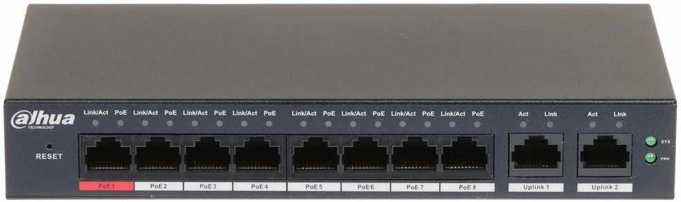 Dahua PoE šakotuvas valdomas100Mbps 8portų+2G uplink, Hi-PoE