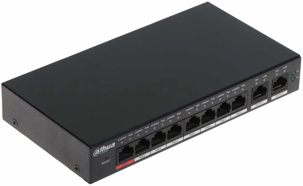 Dahua PoE šakotuvas valdomas100Mbps 8portų+2G uplink, Hi-PoE