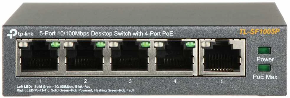 Šakotuvas TP-LINK 5 prievadų 10/100Mbps stalinis komutatorius su 4 prievadų PoE, 5 10/100Mbps RJ45 jungtimis, įskaitant 4 PoE jungtis, 58 W PoE maitinimo šaltinį, plienas